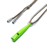 Bright green dog whistle with colorful cord detail