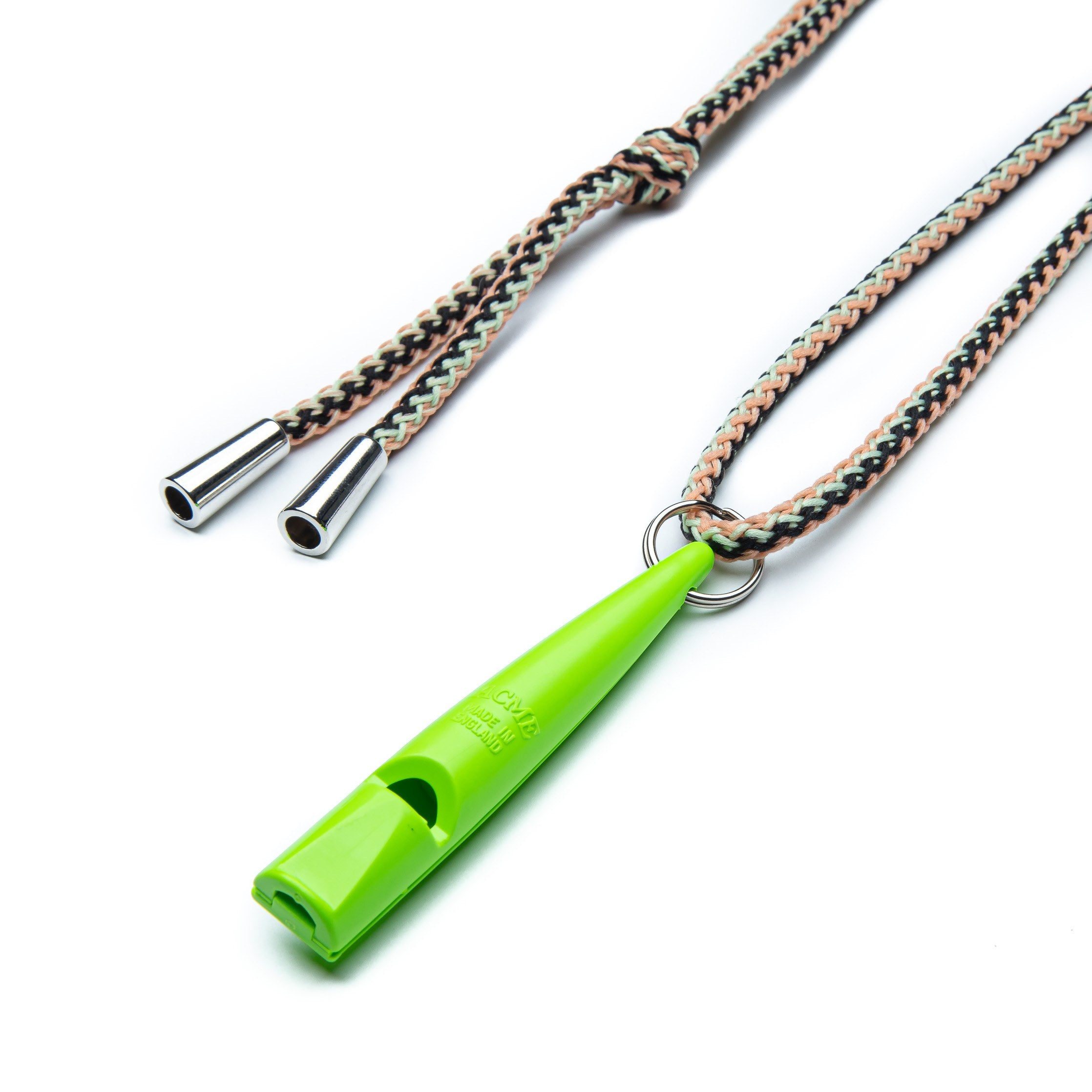 Bright green dog whistle with colorful cord detail