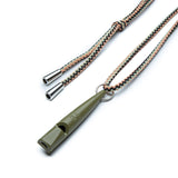 olive colored dog whistle with strap detail